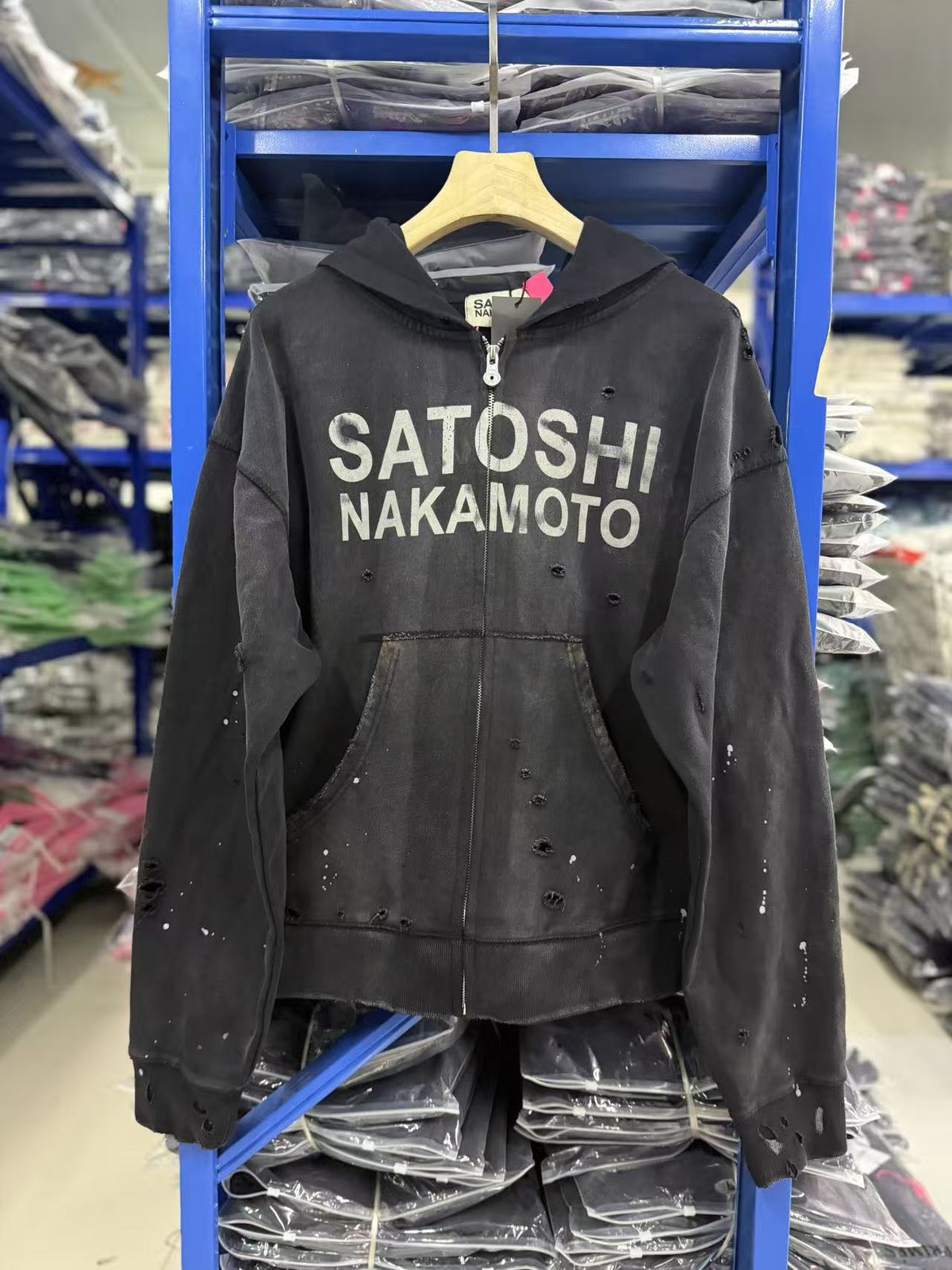 Satoshi Nakamoto Washed Distressed Zip Hoodie Splash Ink Street Jacket