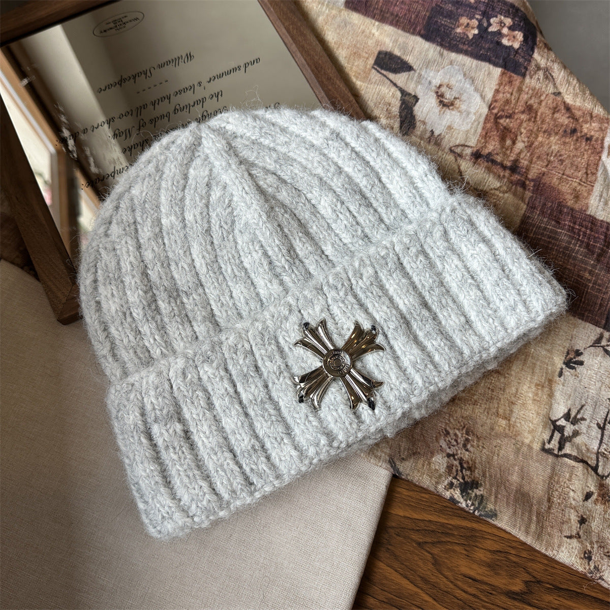 Metal Cross Knit Cuffed Beanie Vintage Winter Skull Cap Multi‑Color