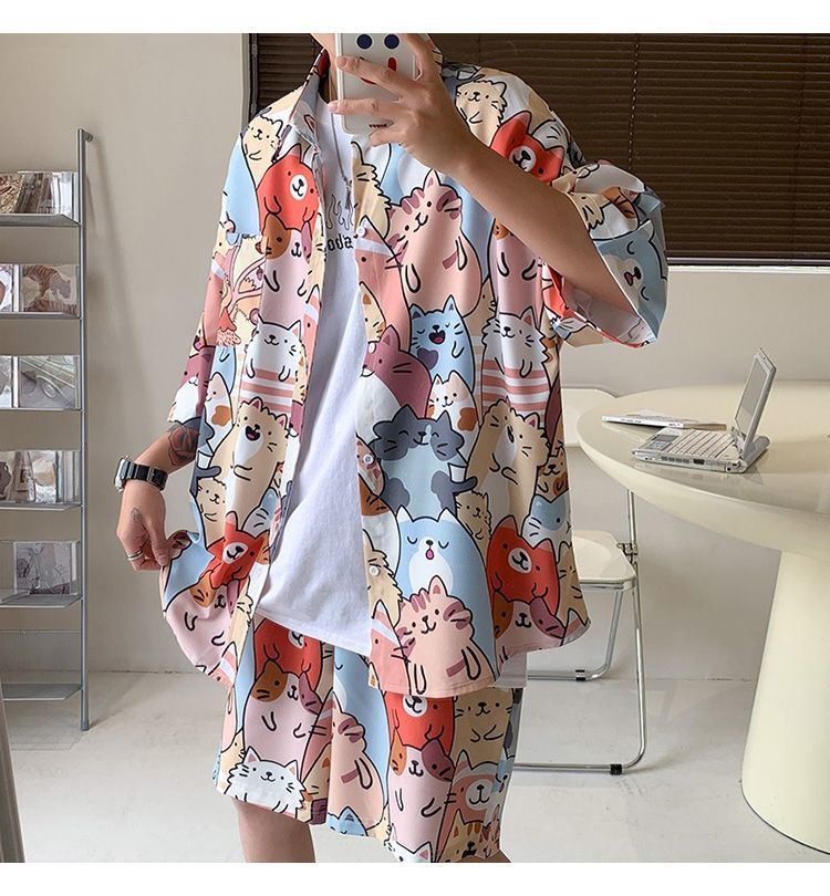 Couple Quick Dry Floral Loose Tropical Beach Shirt Shorts Set