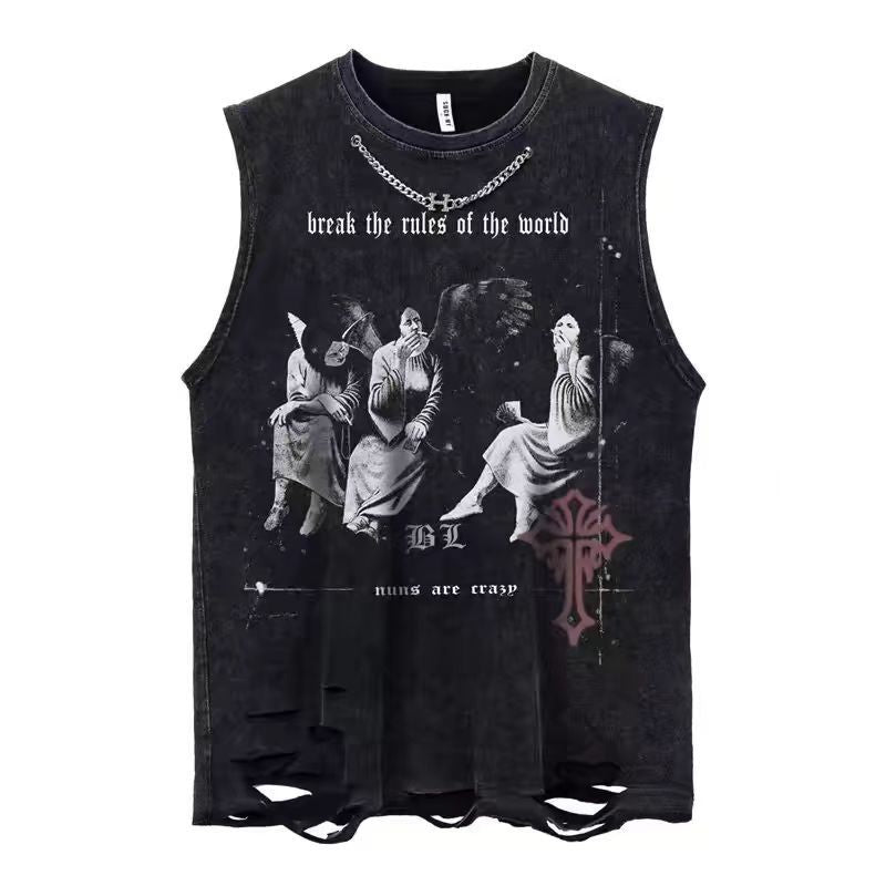 Vintage Washed Ripped Tank Cotton Loose Streetwear Sleeveless Vest