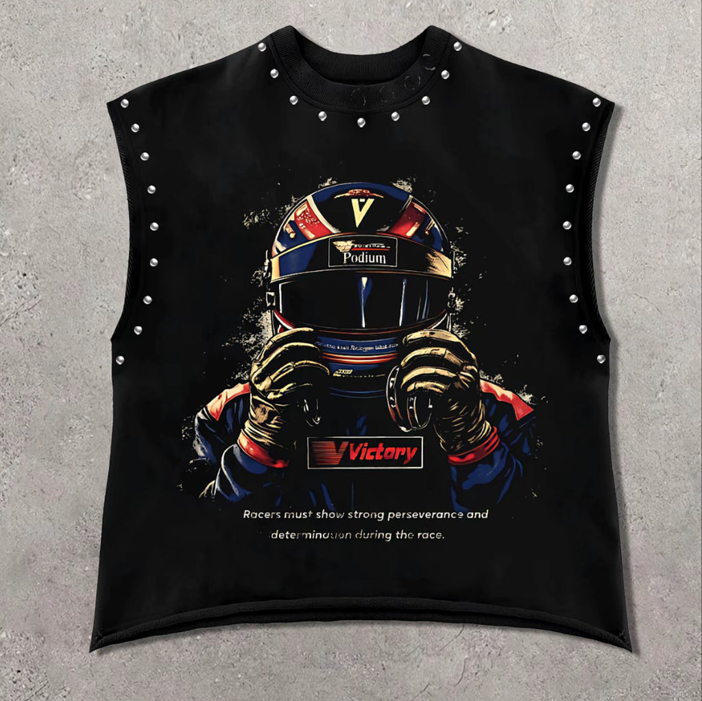 Vintage Letter Number Graphic Rivet Sleeveless Loose Vest Top Women