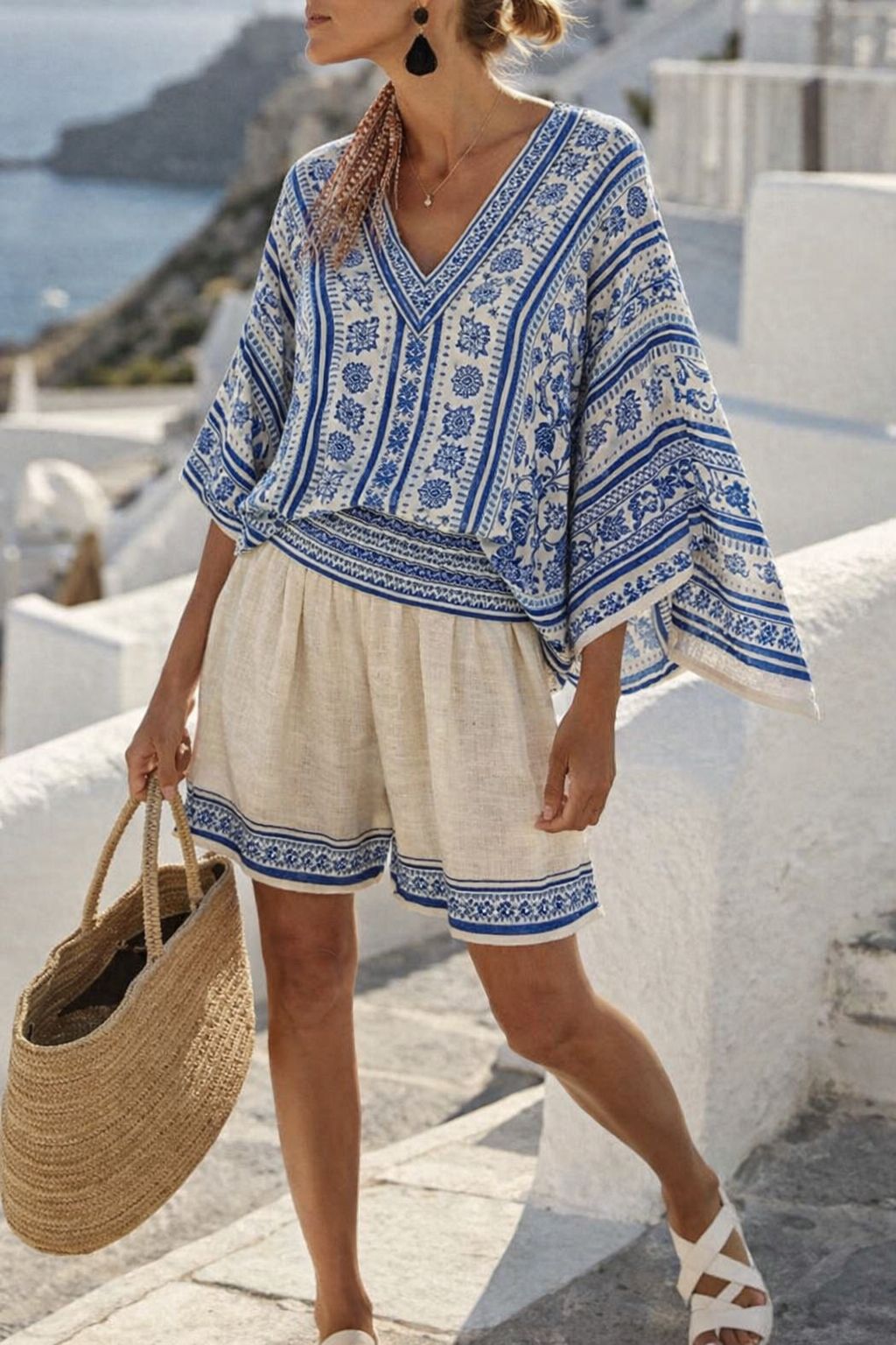 Women Boho Striped V Neck Batwing Loose Beach Short Two Piece Set