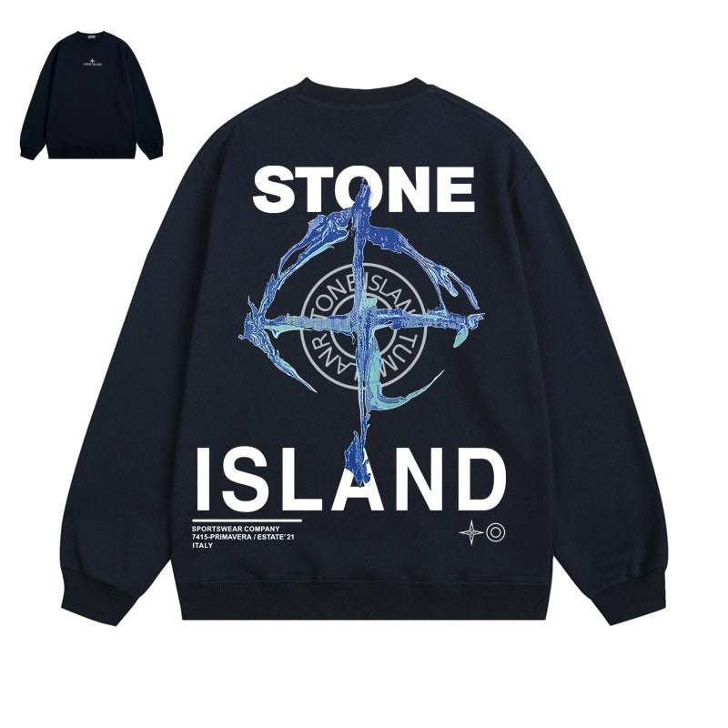 Stone Island Compass Print Crewneck Sweatshirt Men Winter Fleece Top