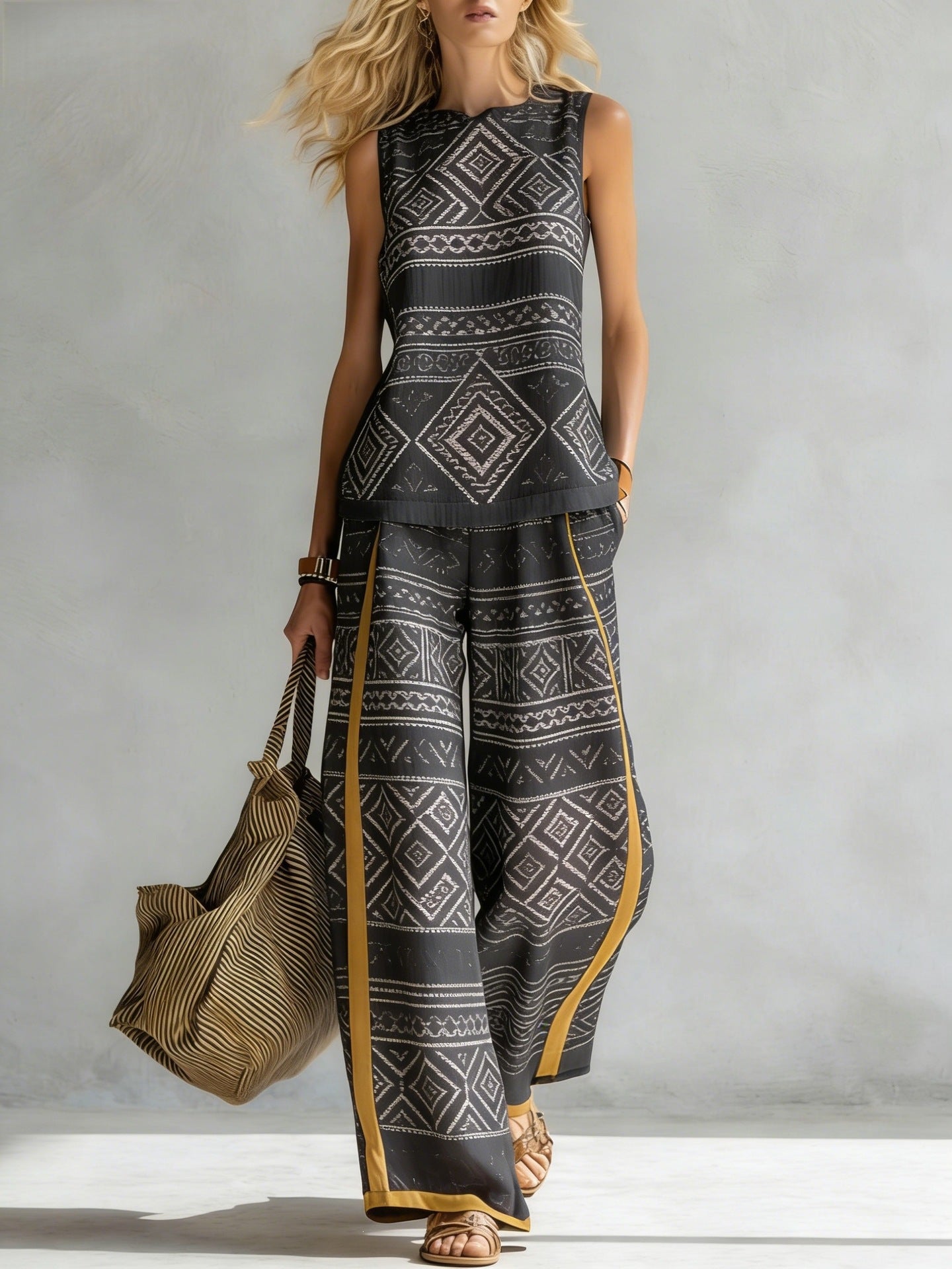 Boho Floral Trim Sleeveless Wide Leg Two Piece Set