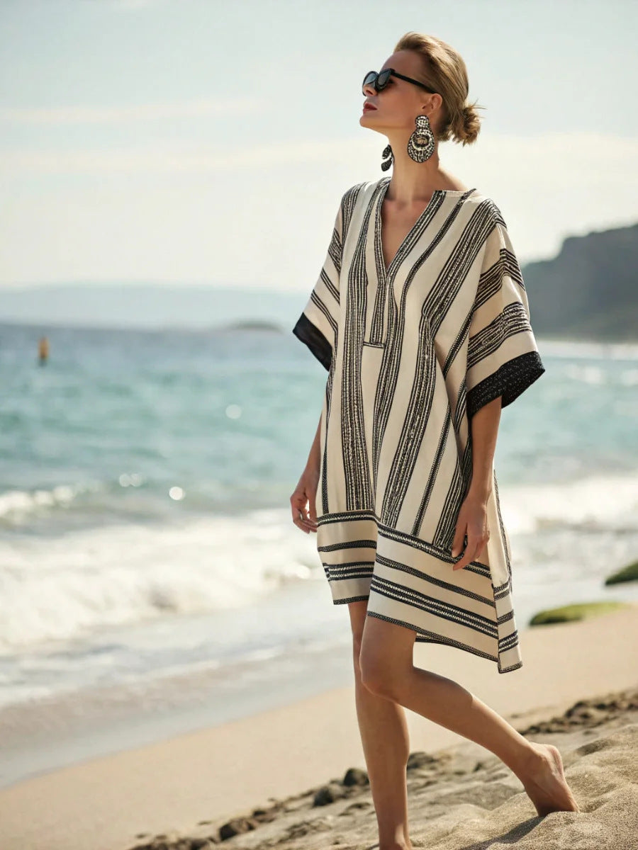 Women Boho Geometric Print V Neck Loose Kaftan Maxi Beach Dress