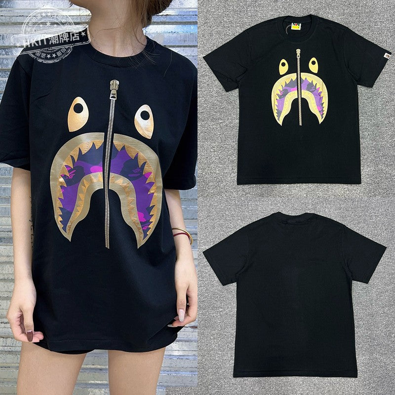 Bape Shark Camo Zip Graphic Oversized Tee Streetwear Unisex