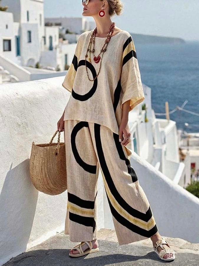 Women Boho Gradient Print Round Neck Batwing Loose Beach Two Piece Set