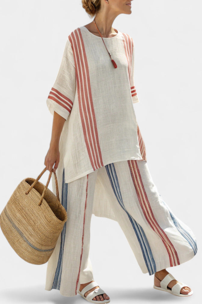 Women European Boho Striped Plus Size Loose Kaftan Beach Vacation Set