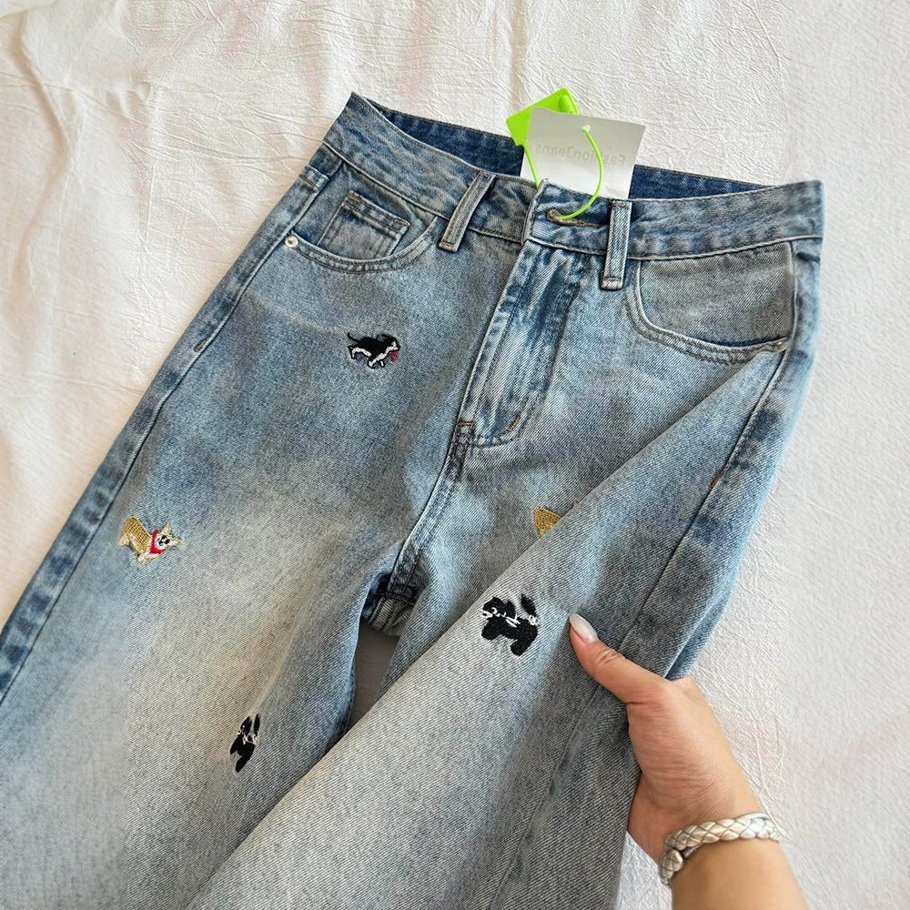 Vintage Dog Embroidered Capri Denim Shorts Loose Wide Leg Jeans