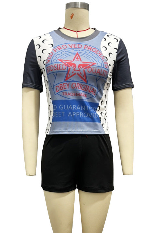 Vintage Star Graphic Print Short Sleeve Crop Top Biker Short 2 Piece Set