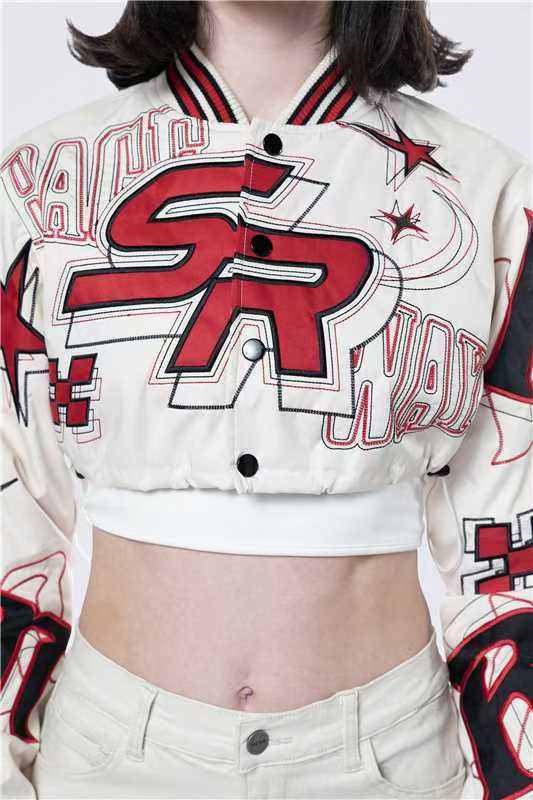 Embroidered Cropped Varsity Jacket Women Long Sleeve Baseball Coat