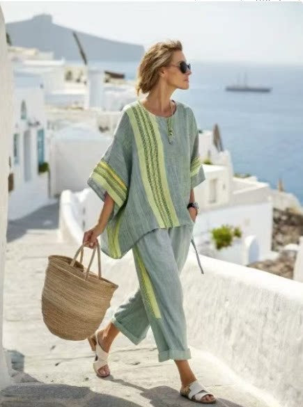 Women Boho Striped Plus Size Loose Kaftan Beach Set