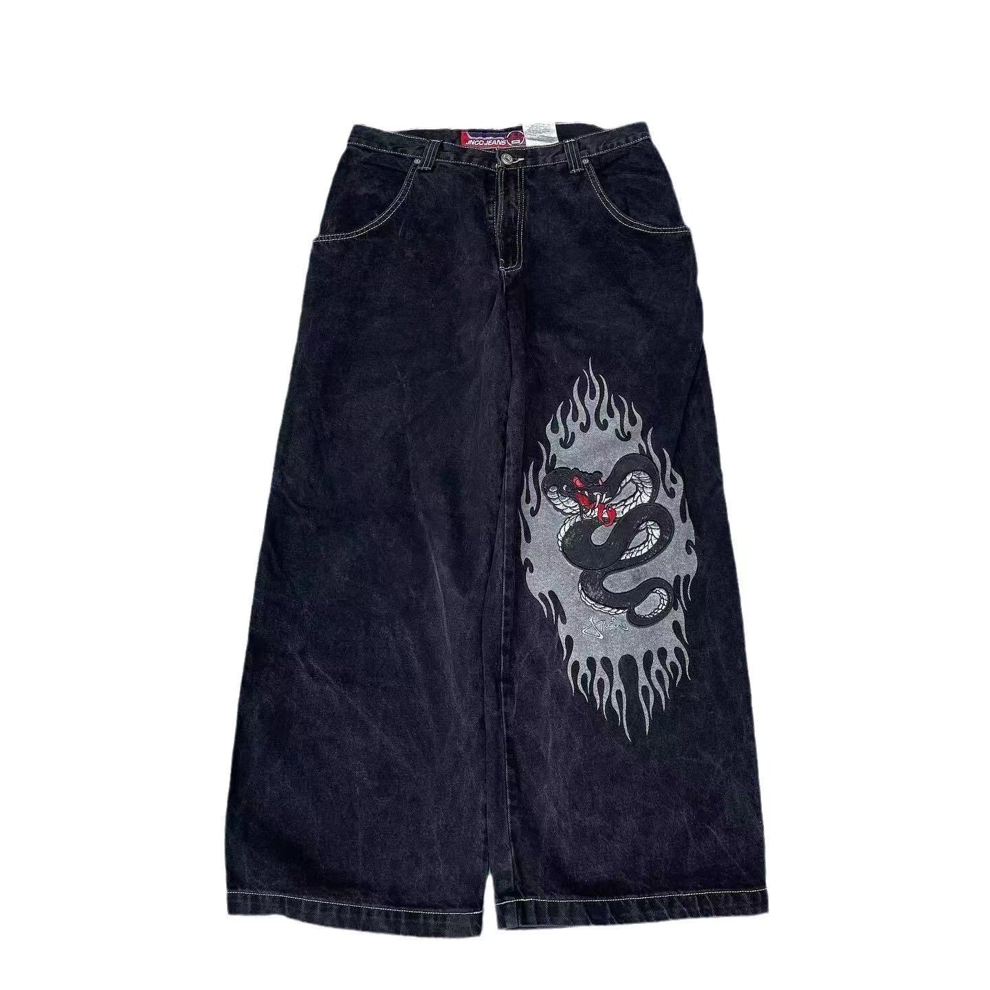 JNCO Style Y2K Baggy Jeans Drachen- & Poker-Stickerei Streetwear Denim-Hose