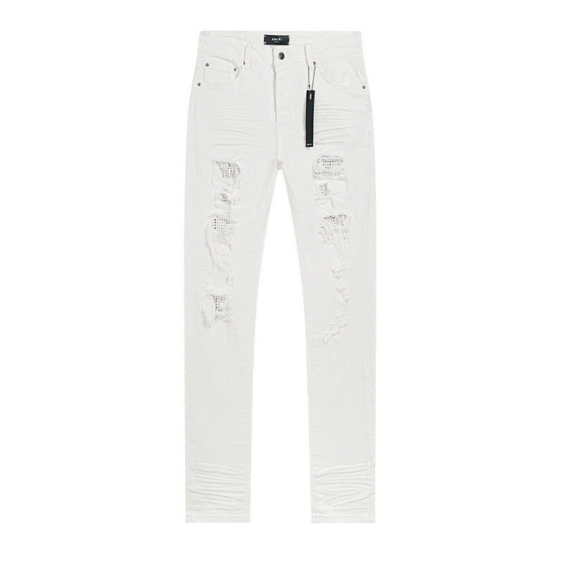Amiri Letter Patch Distressed Patchwork Stretch Slim Tapered Jeans