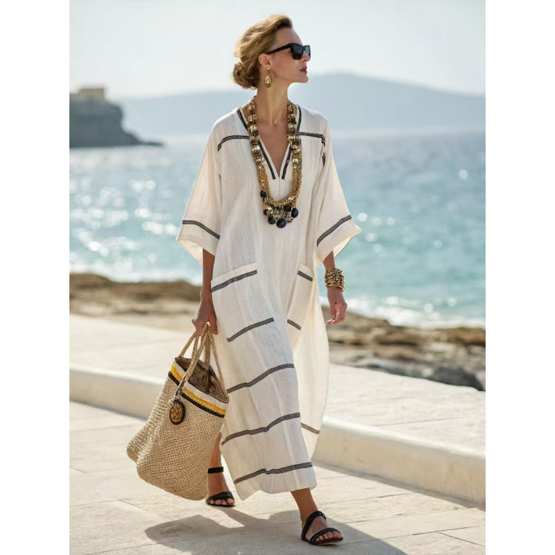 Women Boho Striped Embroidery V Neck Loose Kaftan Maxi Beach Dress