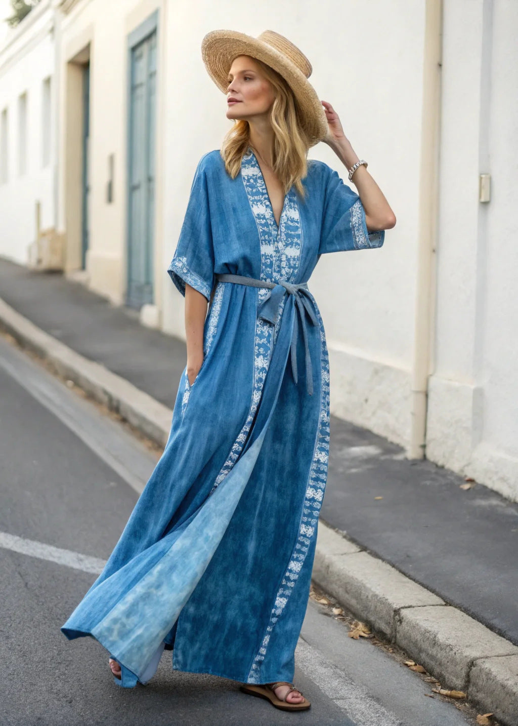 Boho Striped Belted Kaftan Maxi Beach Cover Up