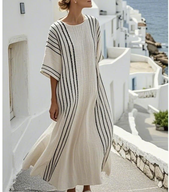 Women Boho Abstract Print V Neck Batwing Loose Kaftan Maxi Beach Dress