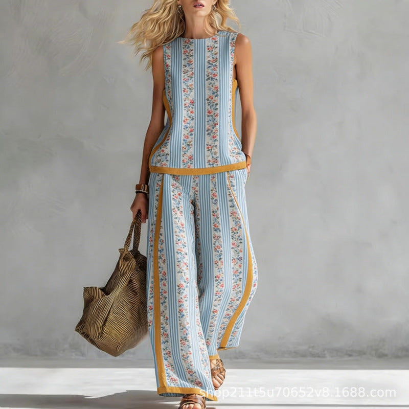 Boho Striped Floral Trim Sleeveless Wide Leg Two Piece Set