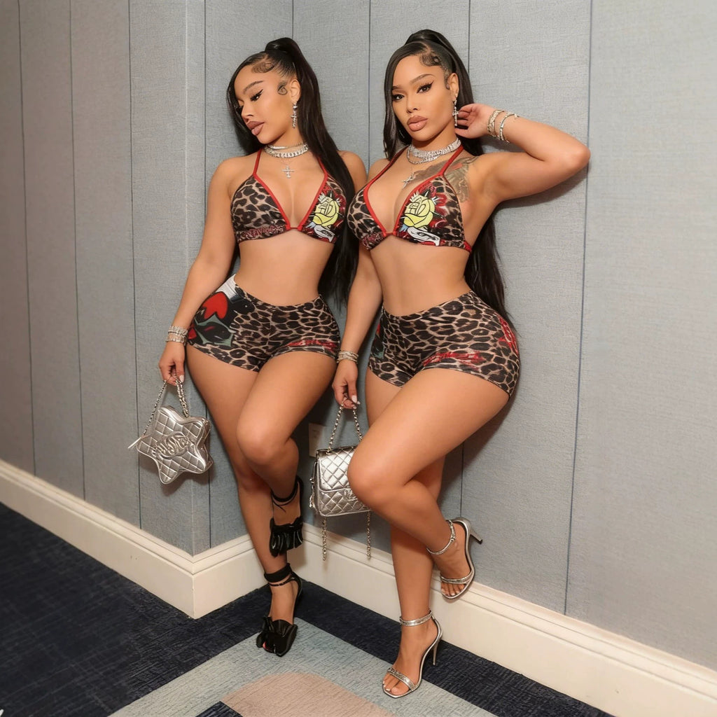 Leopard Rose Print Halter Sexy 2 Piece Shorts Set Women Club Outfit