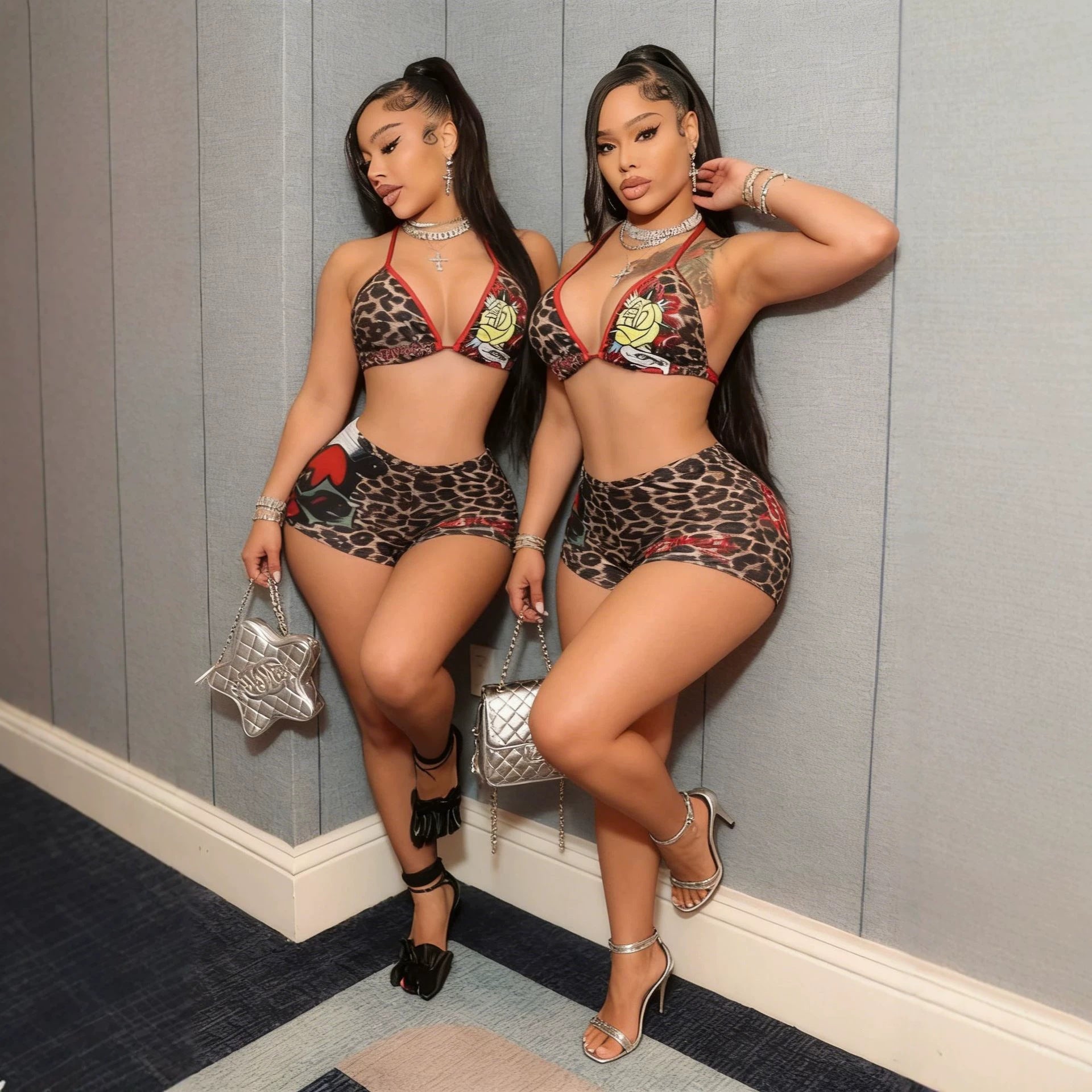 Leopard Rose Print Halter Sexy 2 Piece Shorts Set Women Club Outfit