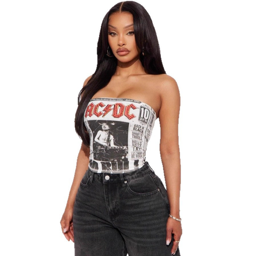 Vintage Figure Print Strapless Crop Tube Top Women