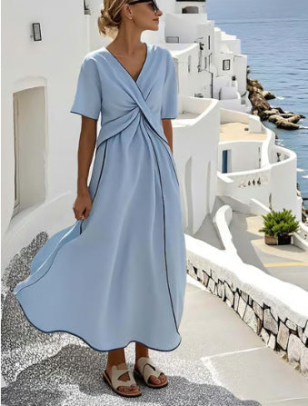 Women Boho Vertical Striped V Neck Wrap Loose Beach Maxi Dress