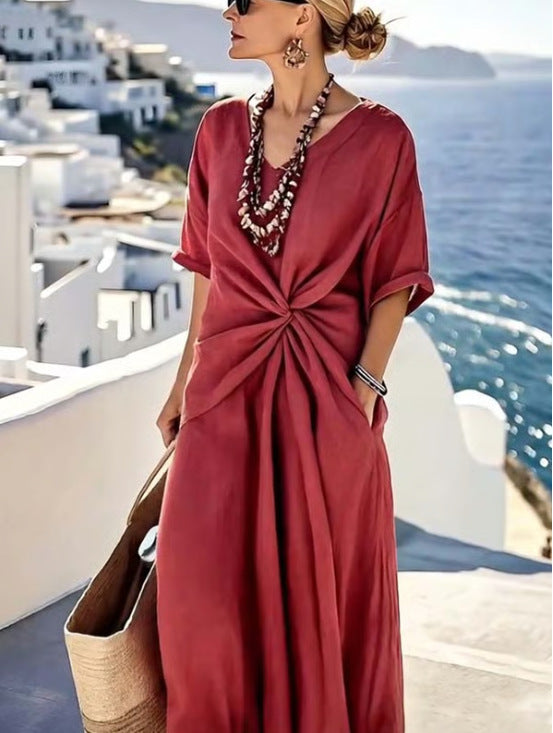 Women Boho V Neck Twist Front Trim Loose Linen Beach Maxi Dress