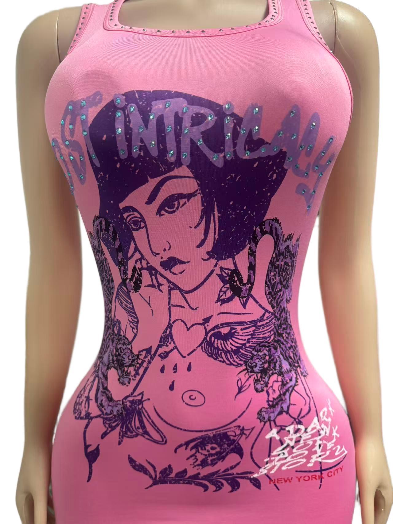 Figure Print Sleeveless Bodycon Mini Dress Women Club Tank Dress
