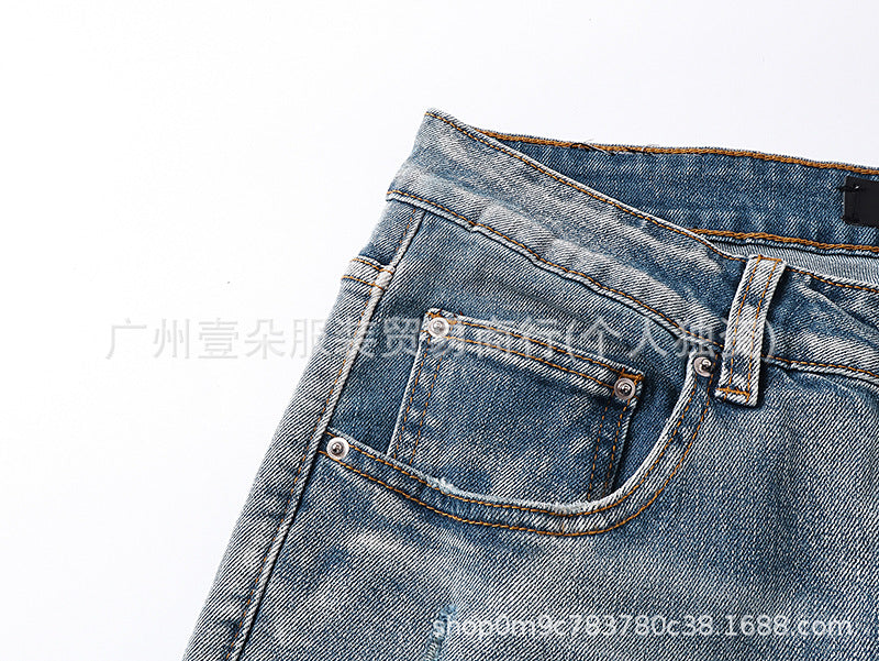 Amiri Blue Letter Embroidery Distressed Stretch Slim Fit Denim Jeans