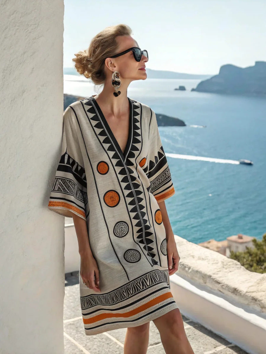 Women Boho Geometric Print V Neck Loose Kaftan Maxi Beach Dress