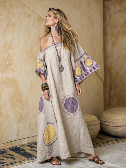 Women Boho Diagonal Striped Off Shoulder Loose Kaftan Maxi Beach Dress