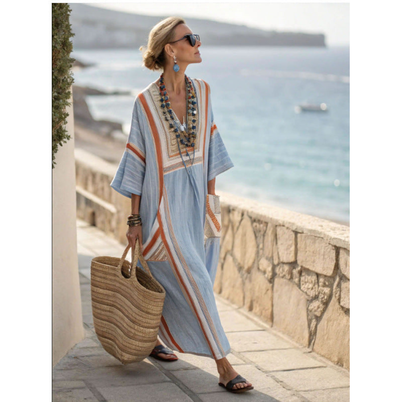 Women Boho V Neck Patch Pocket Print Loose Kaftan Maxi Beach Dress