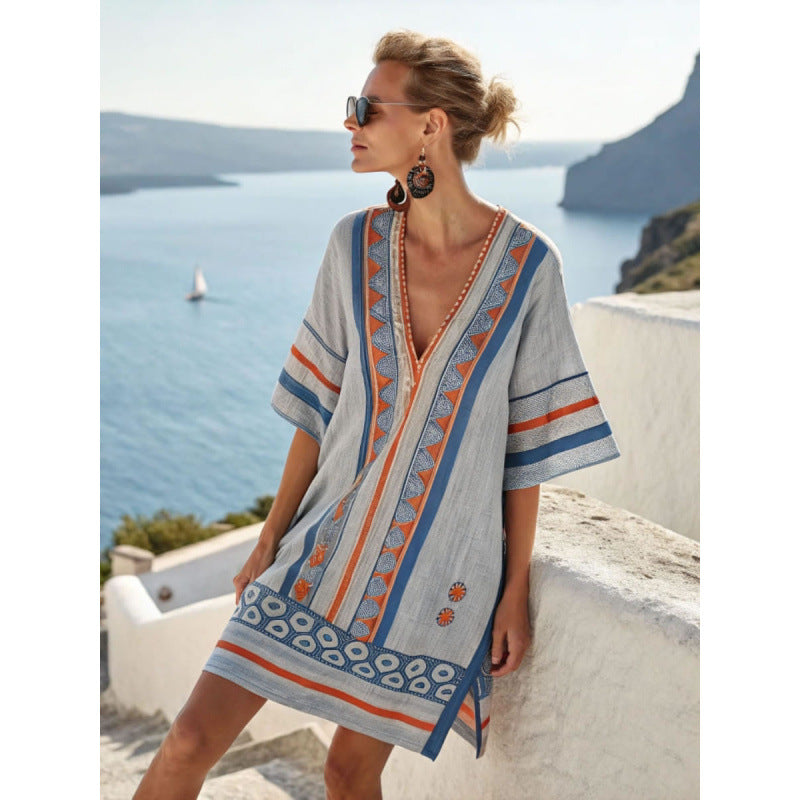 Women Boho Striped V Neck Loose Kaftan Midi Beach Dress