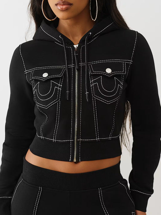 Y2K True Religion Contrast Stitch Embroidery Crop Hoodie 2 Piece Set