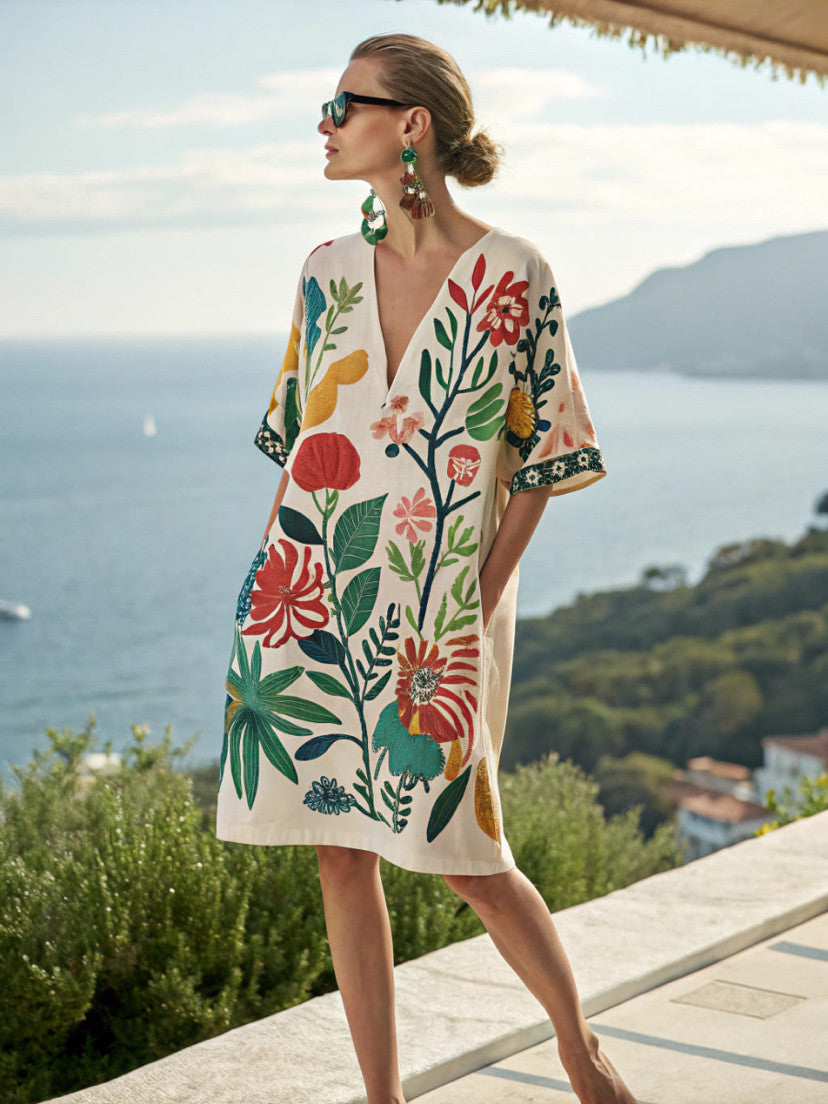 Women Boho Striped V Neck Loose Kaftan Midi Beach Dress