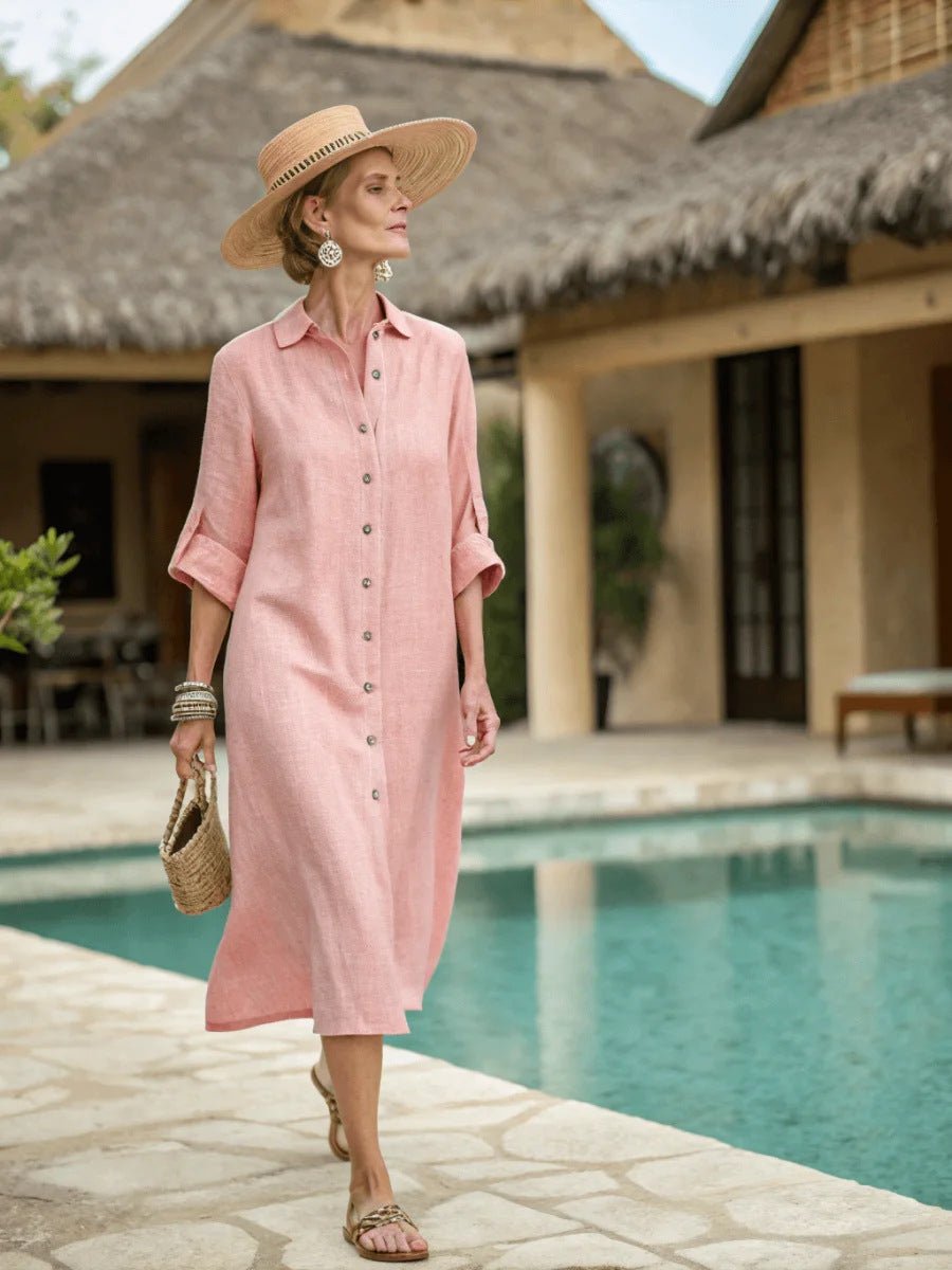 Women Boho Vertical Striped Collared Button Front Slit Loose Maxi Beach Dress