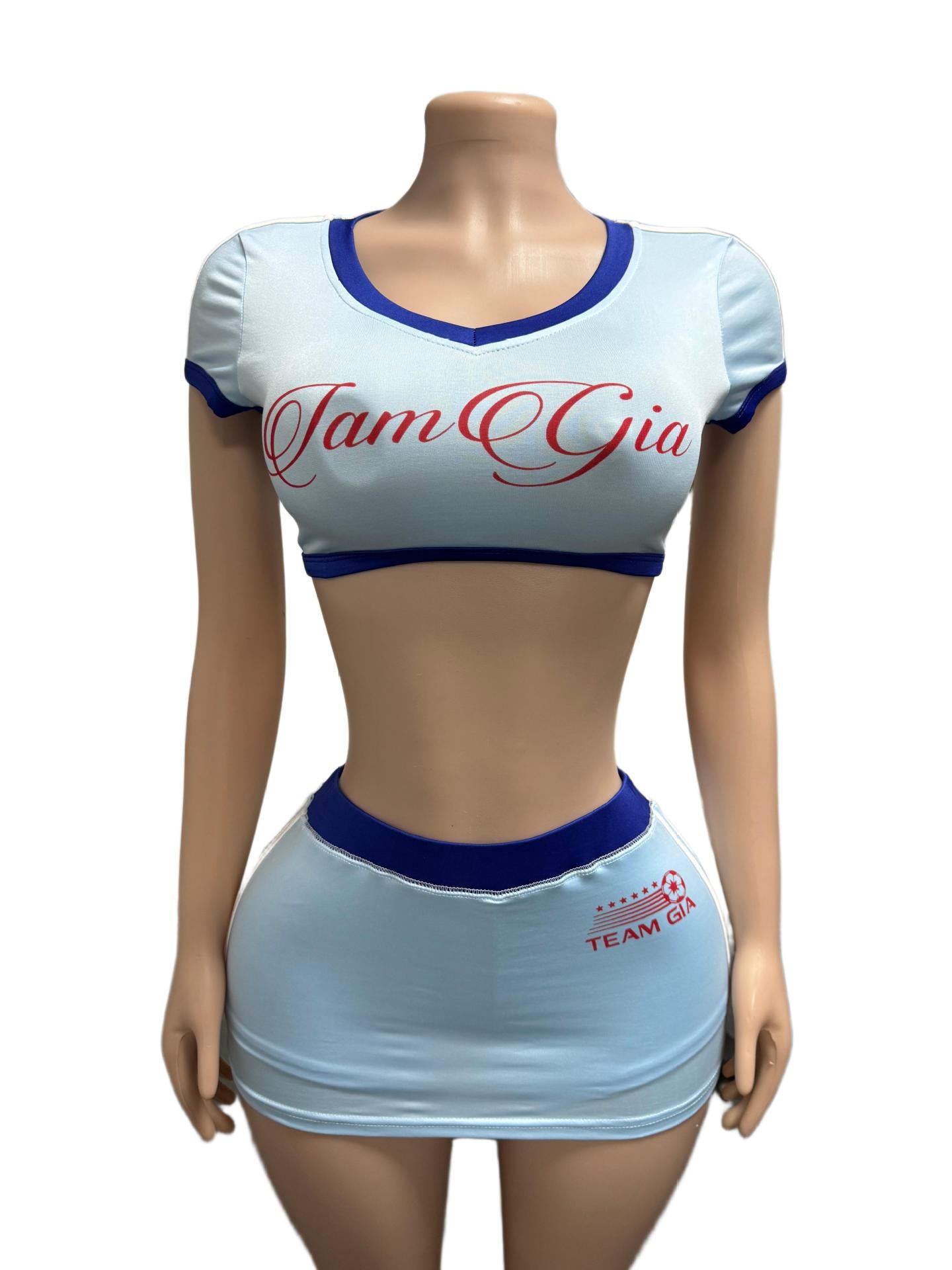 I.AM.GIA Contrast Trim V Neck Crop Top Mini Skirt 2 Piece Set Women