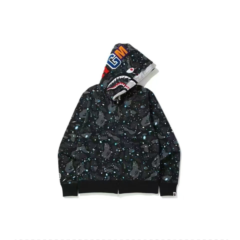 BAPE Double Hood Shark Tiger Camo Embroidered Zip Hoodie