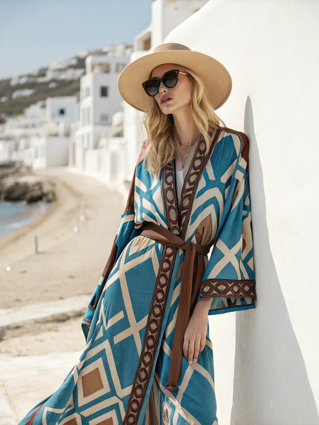 Boho Striped Belted Kaftan Maxi Beach Cover Up