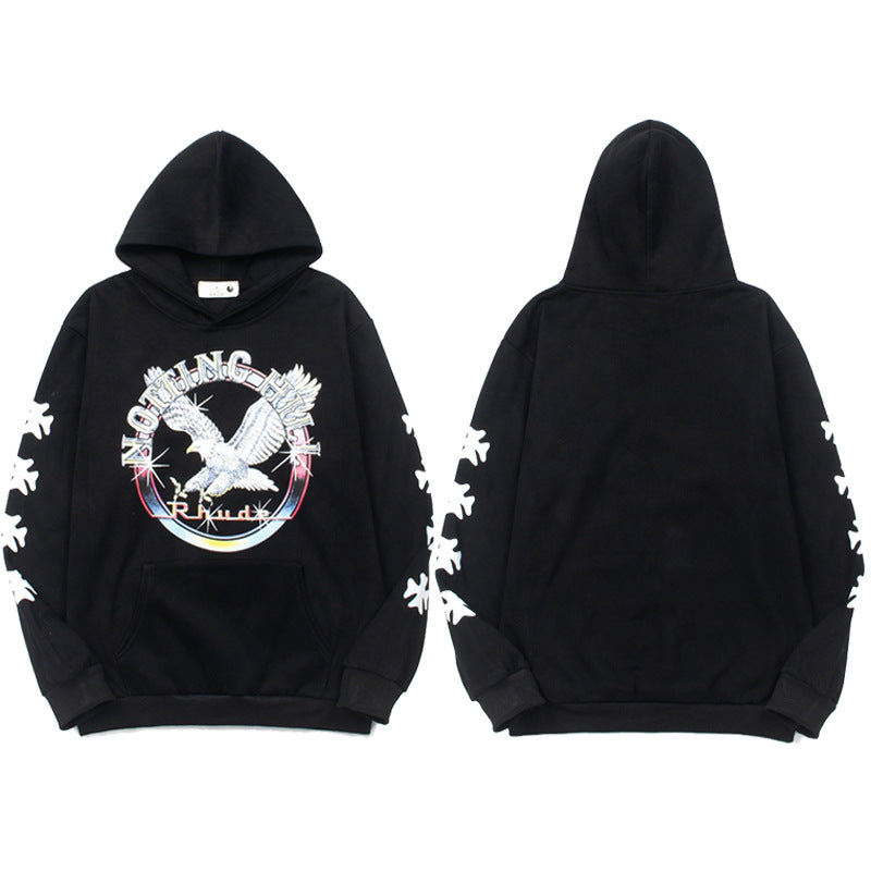 Rhude Vintage Eagle Flame Print Hoodie Retro Streetwear Loose Pullover