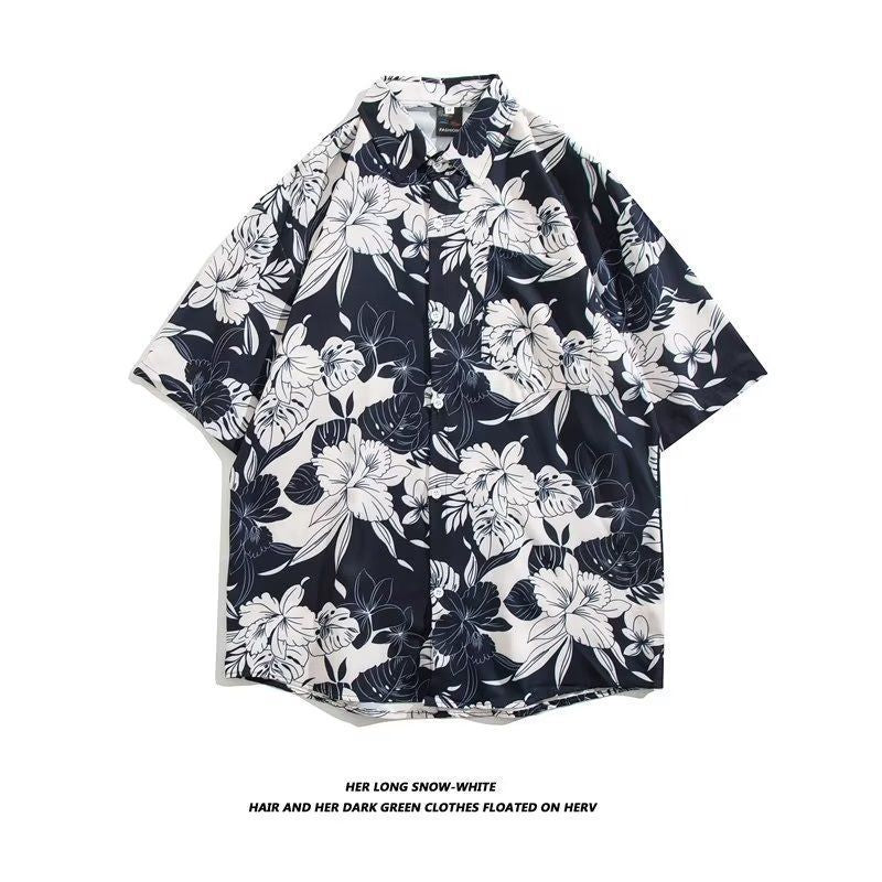 Mens Vintage Cartoon Tropical Print Short Sleeve Beach Shirt