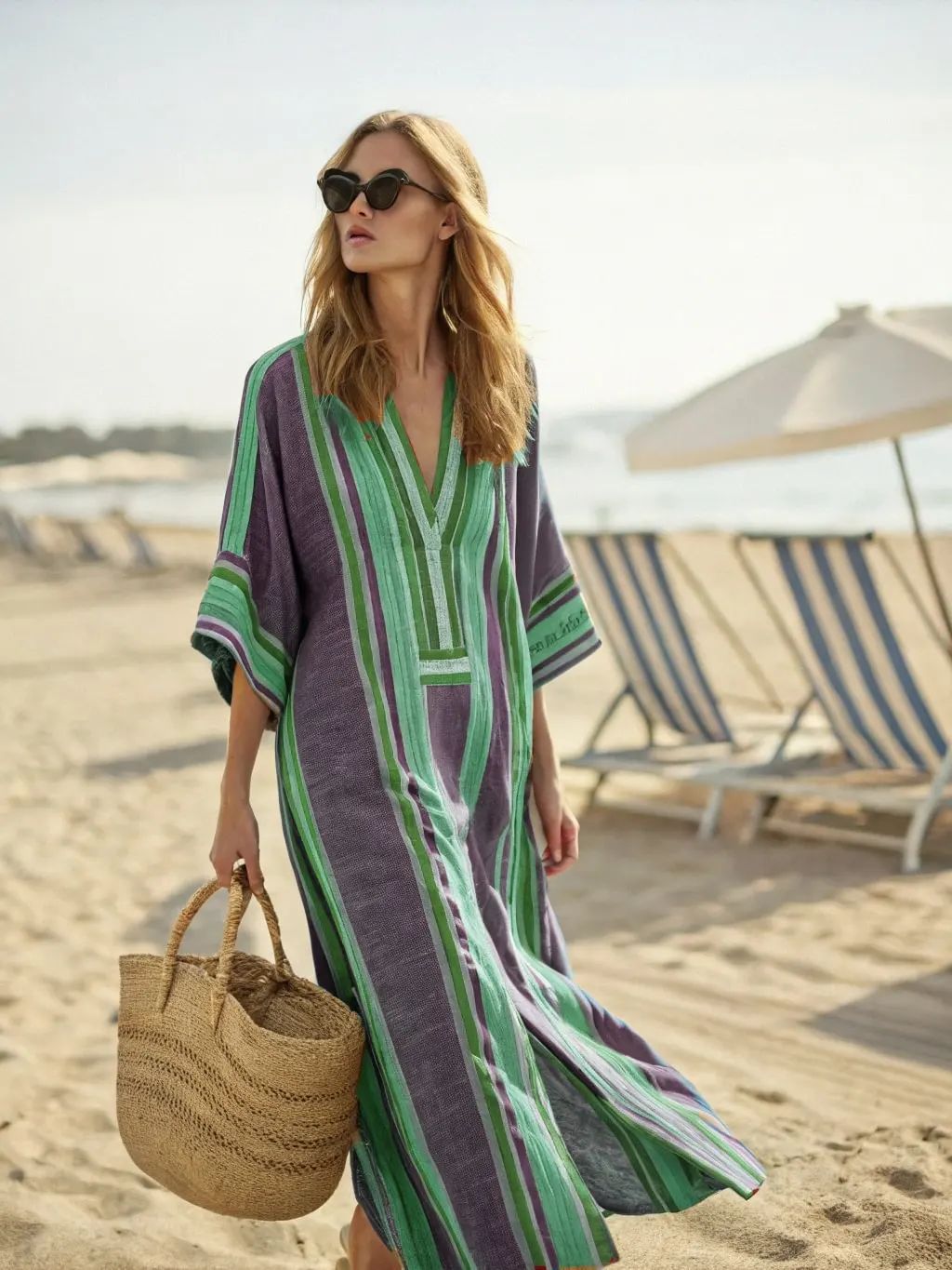 Women Boho Abstract Print V Neck Batwing Loose Kaftan Maxi Beach Dress