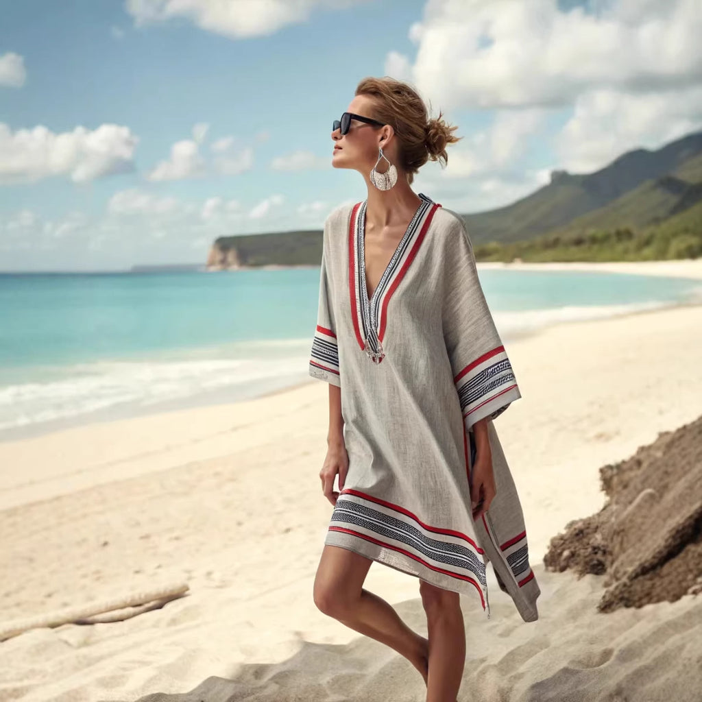 Women Boho Geometric Print V Neck Loose Kaftan Maxi Beach Dress