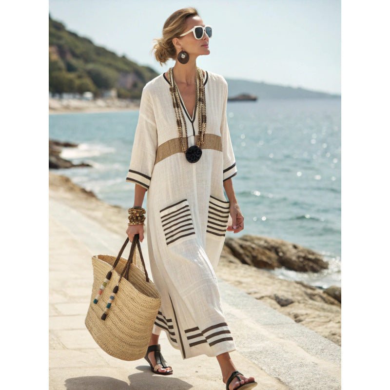 Women Boho V Neck Patch Pocket Print Loose Kaftan Maxi Beach Dress
