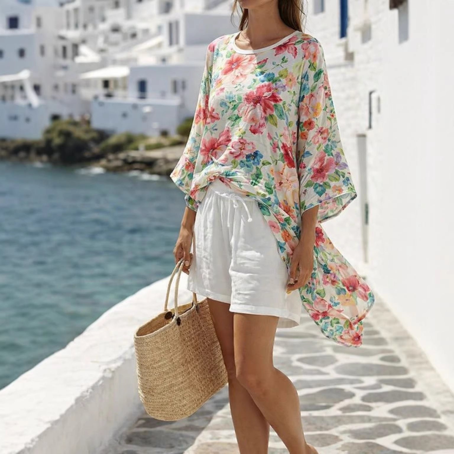 Boho Striped Batwing Beach Two Piece Short Set