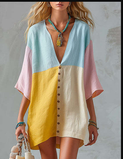 Women Boho Geometric Print V Neck Loose Kaftan Maxi Beach Dress
