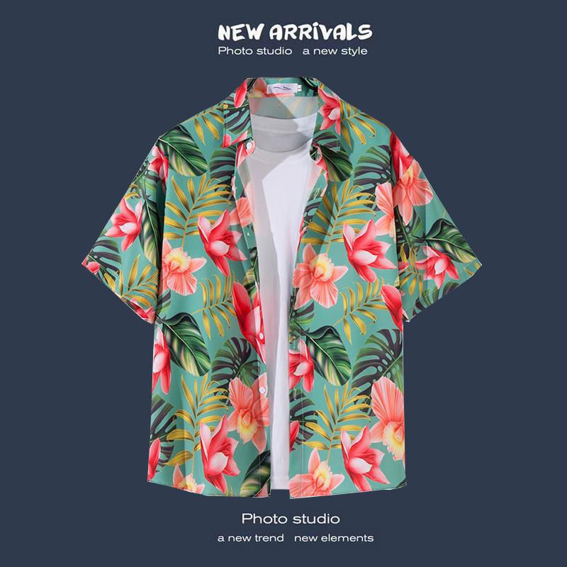 Mens Vintage Tropical Hawaiian Floral Loose Short Sleeve Beach Shirt
