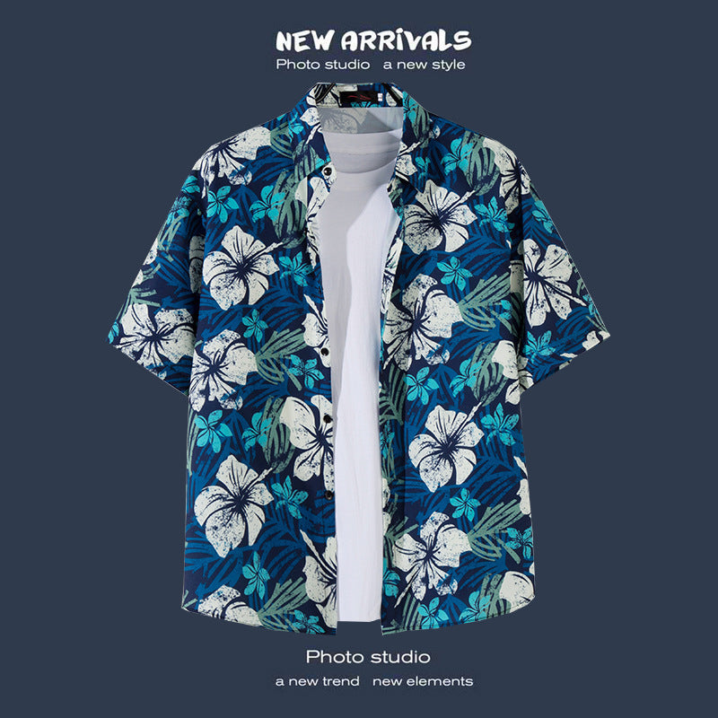 Mens Vintage Tropical Hawaiian Floral Loose Short Sleeve Beach Shirt