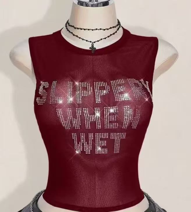 Rhinestone Letter Crop Tank Top Women Y2K Sleeveless Crew Neck Cami Vest
