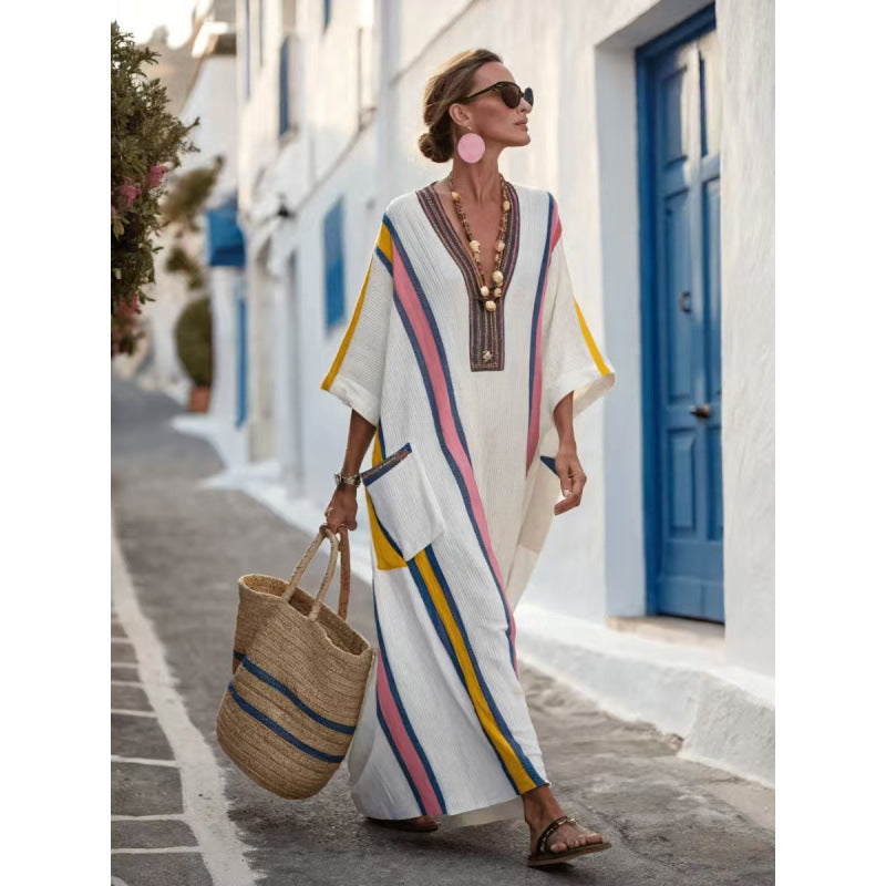 Women Boho Striped Embroidery V Neck Loose Kaftan Maxi Beach Dress